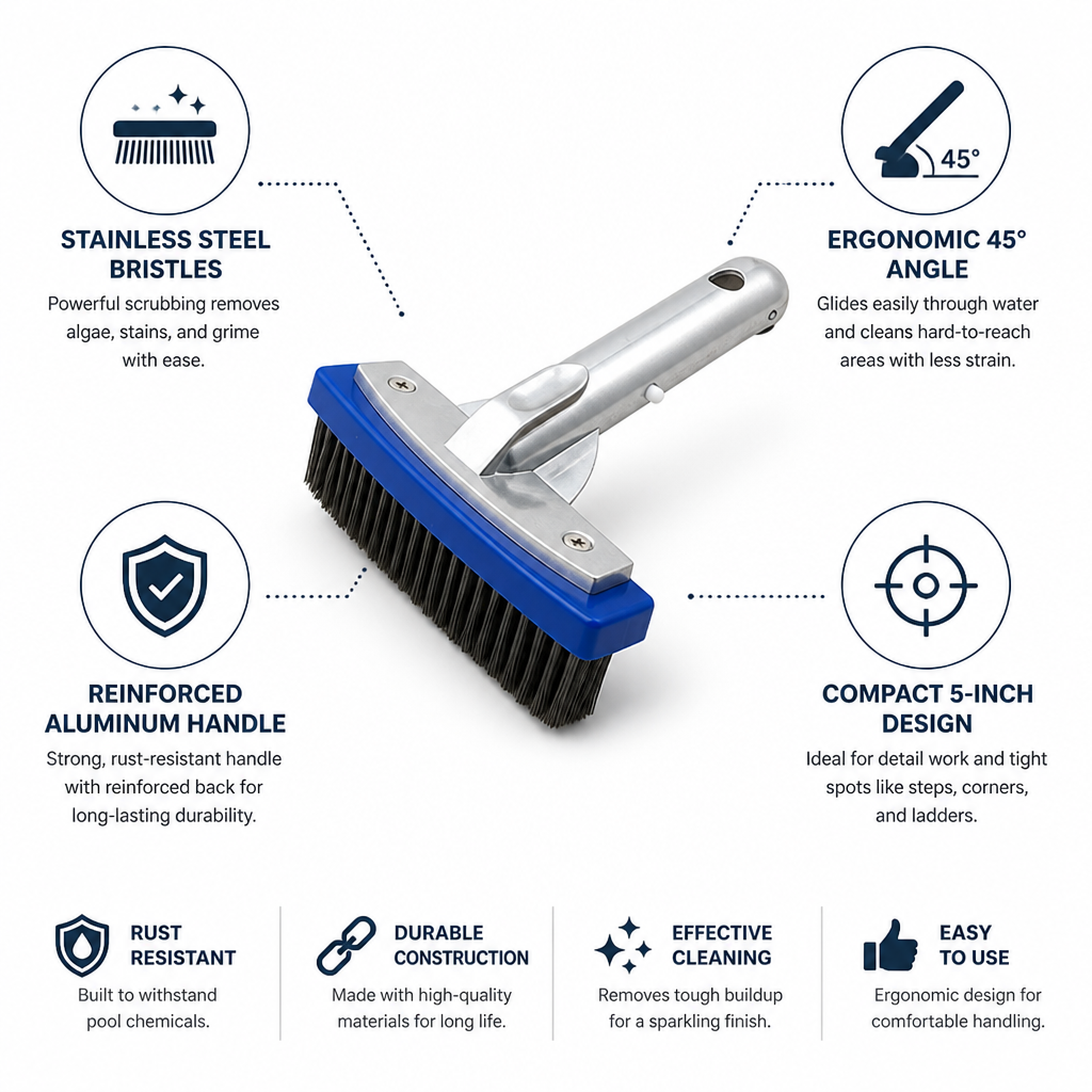 Stainless Steel Bristles & Reinforced Aluminum Handle Pool Brush (5-Inch)
