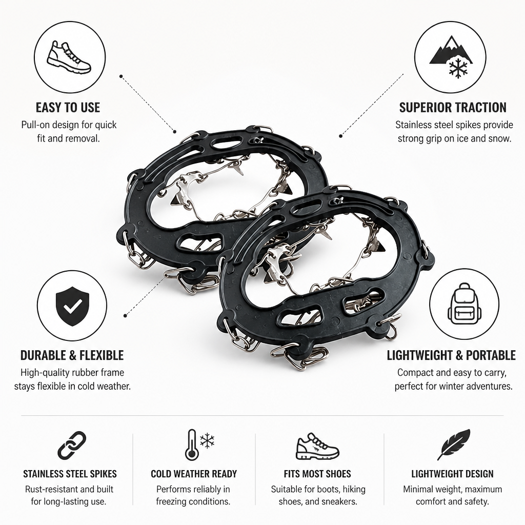 Stainless Steel Spikes & Pull-On Rubber Shoe Traction Cleats (One Size)