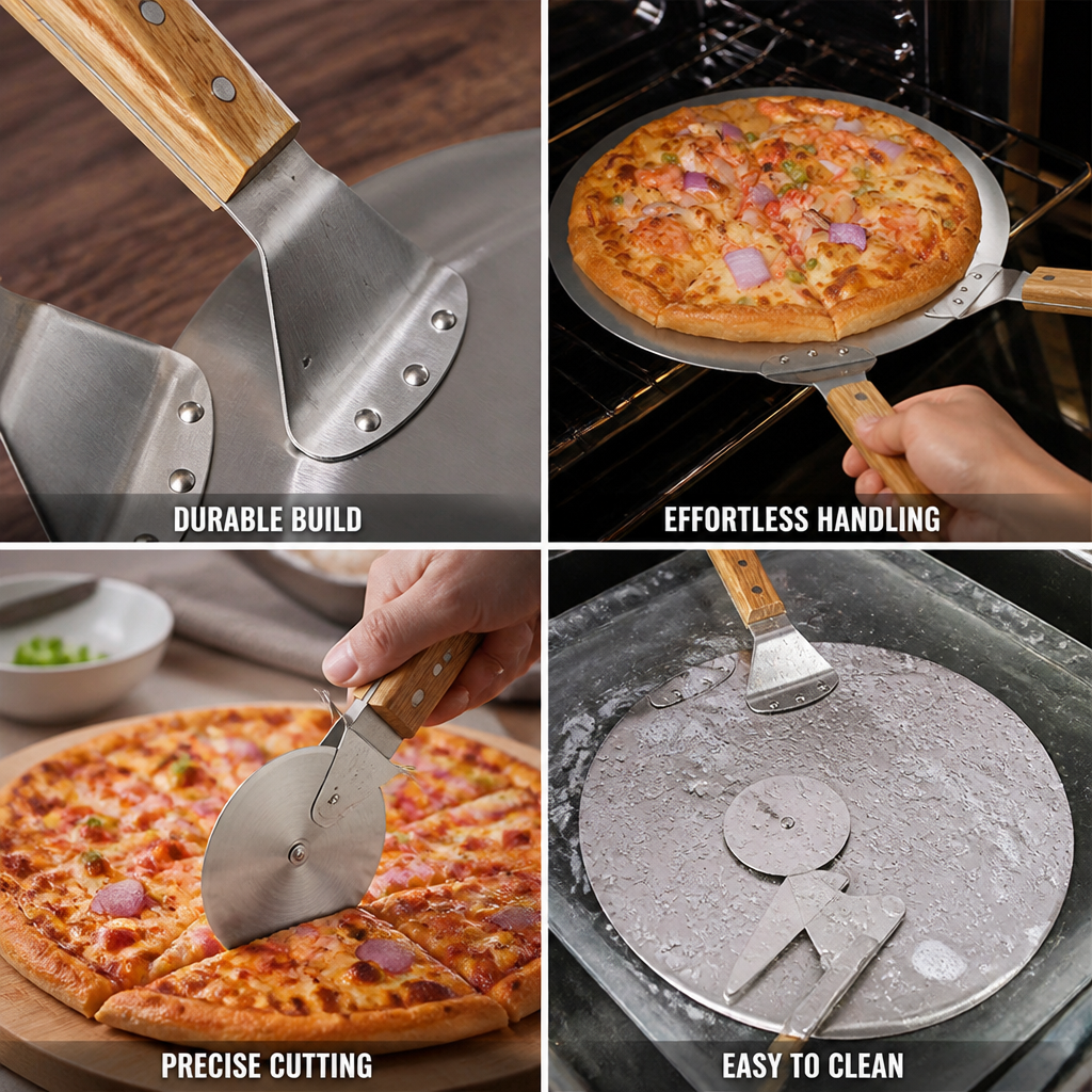Stainless Steel & Wooden-Handled Pizza Baking Set (Includes Peels & Cutter)
