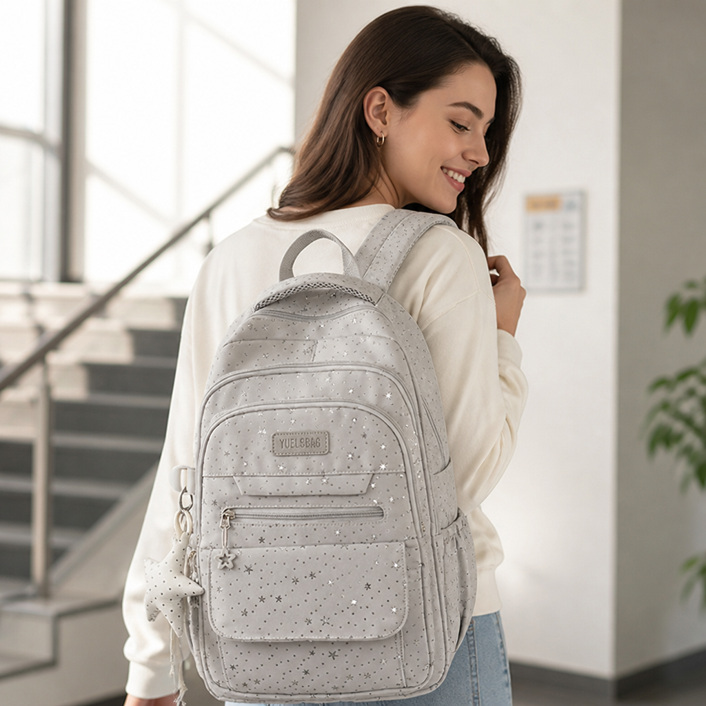 Star-Embellished Multi-Compartment School Backpack