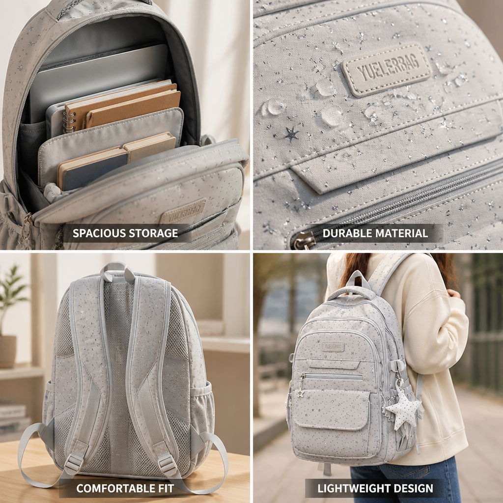 Star-Embellished Multi-Compartment School Backpack