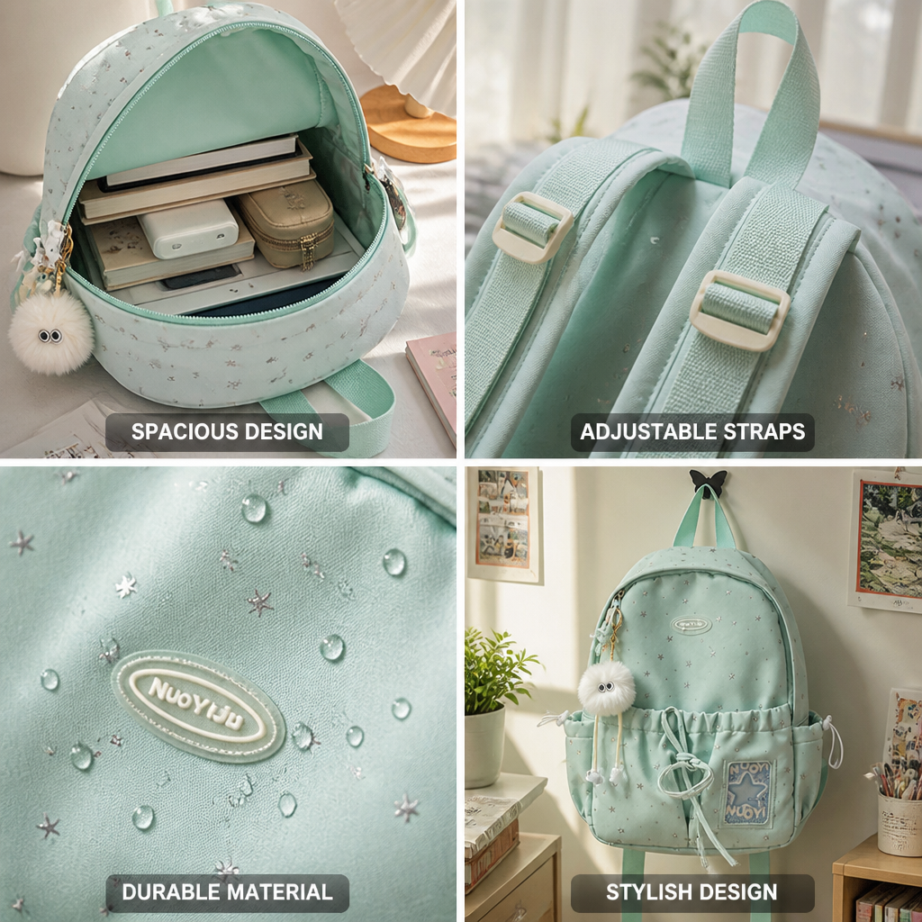 Star-Print Spacious School Backpack (Adjustable Straps)