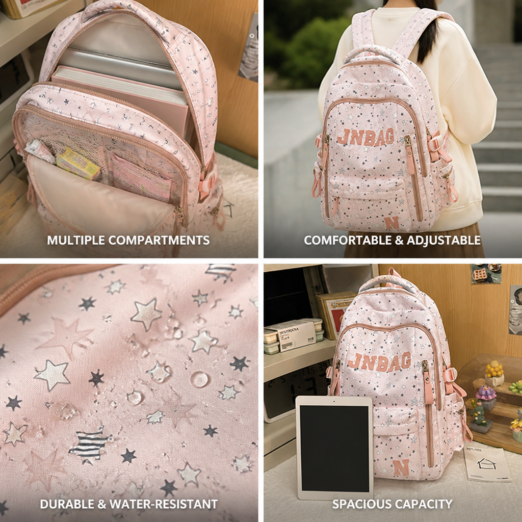 Star-Printed Multi-Compartment School Backpack (Adjustable Padded Straps)