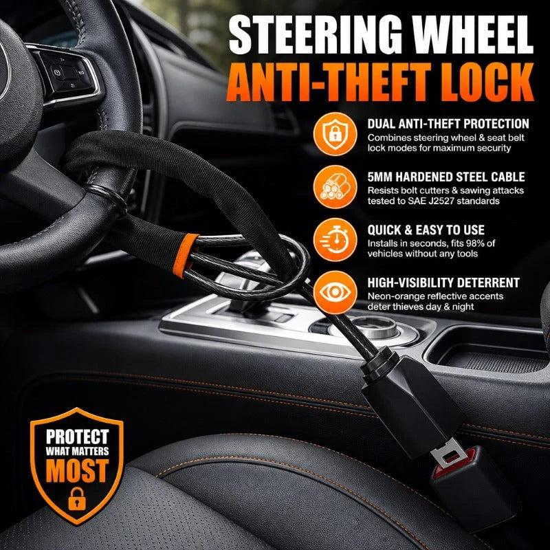 Steering Wheel Lock Braided Steel Seatbelt Anchor Design