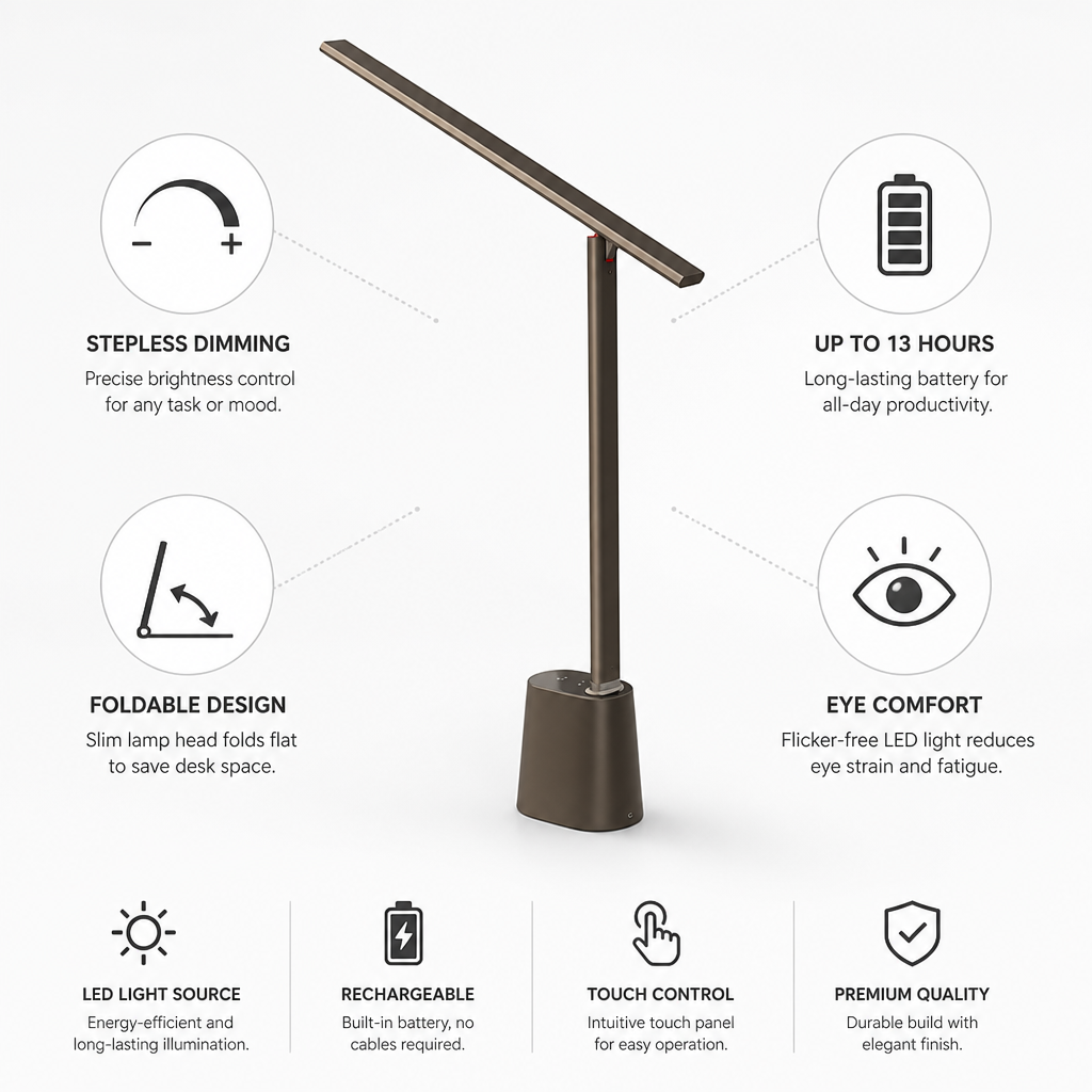 Stepless Dimming Rechargeable LED Desk Lamp (Up To 13-Hour Runtime)