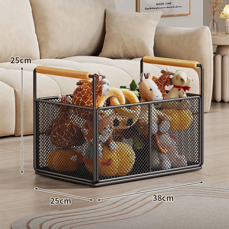 Storage Basket Breathable Metal Mesh Wooden Handles
