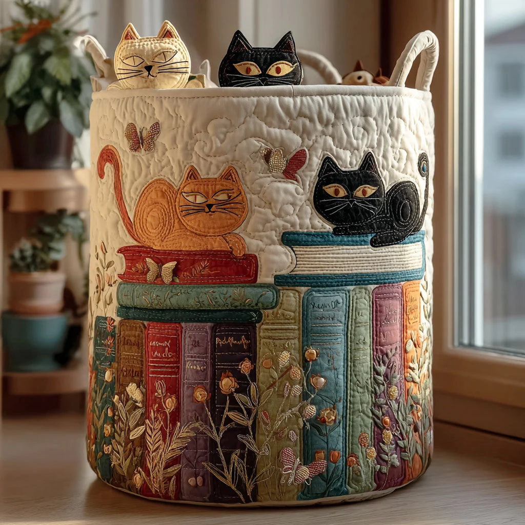 Storage Basket Hand-Quilted Embroidered Cat Design Reinforced Handles