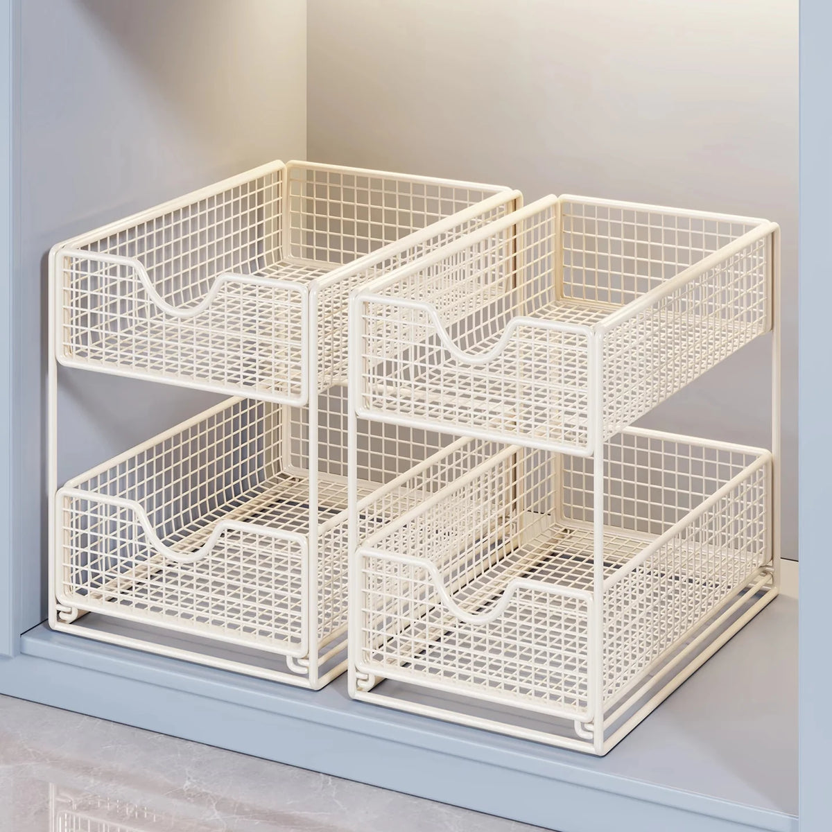 Storage Basket Organizer Two-Tier Metal Pull-Out Drawers