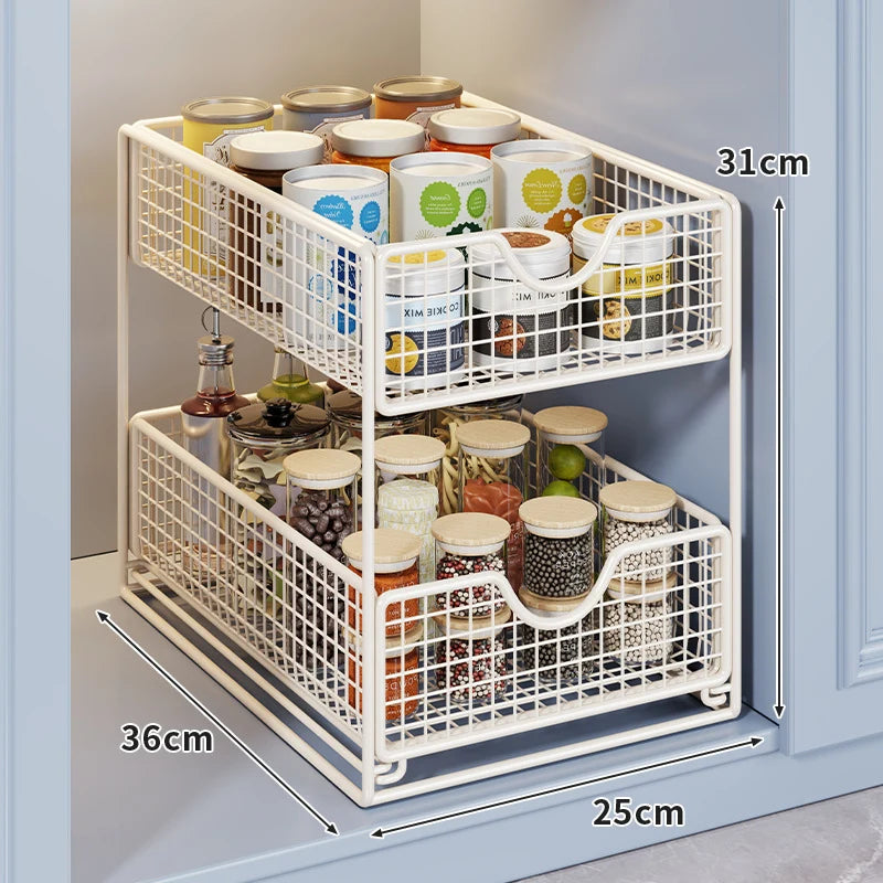 Storage Basket Organizer Two-Tier Metal Pull-Out Drawers