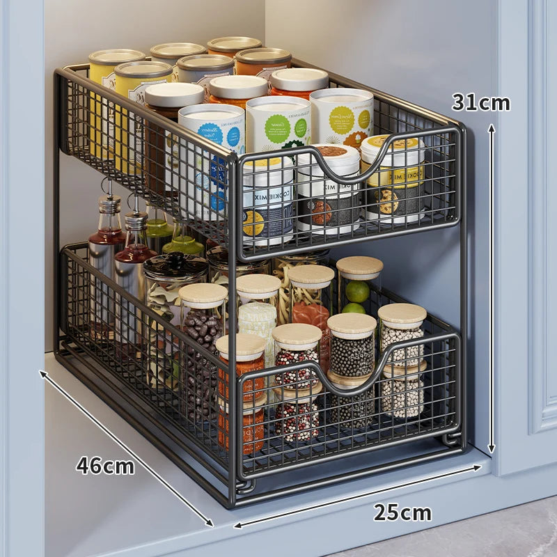 Storage Basket Organizer Two-Tier Metal Pull-Out Drawers