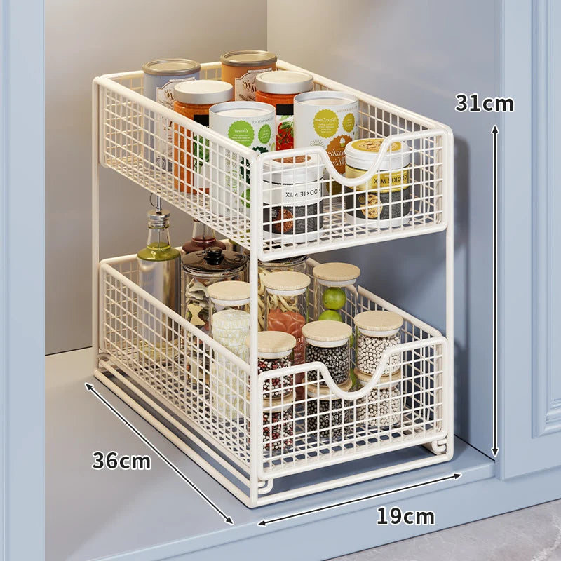 Storage Basket Organizer Two-Tier Metal Pull-Out Drawers