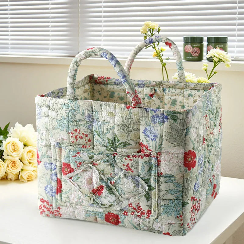 Storage Basket Structured Cotton Floral Print Reinforced Handles
