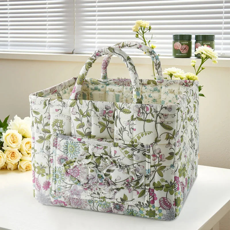 Storage Basket Structured Cotton Floral Print Reinforced Handles
