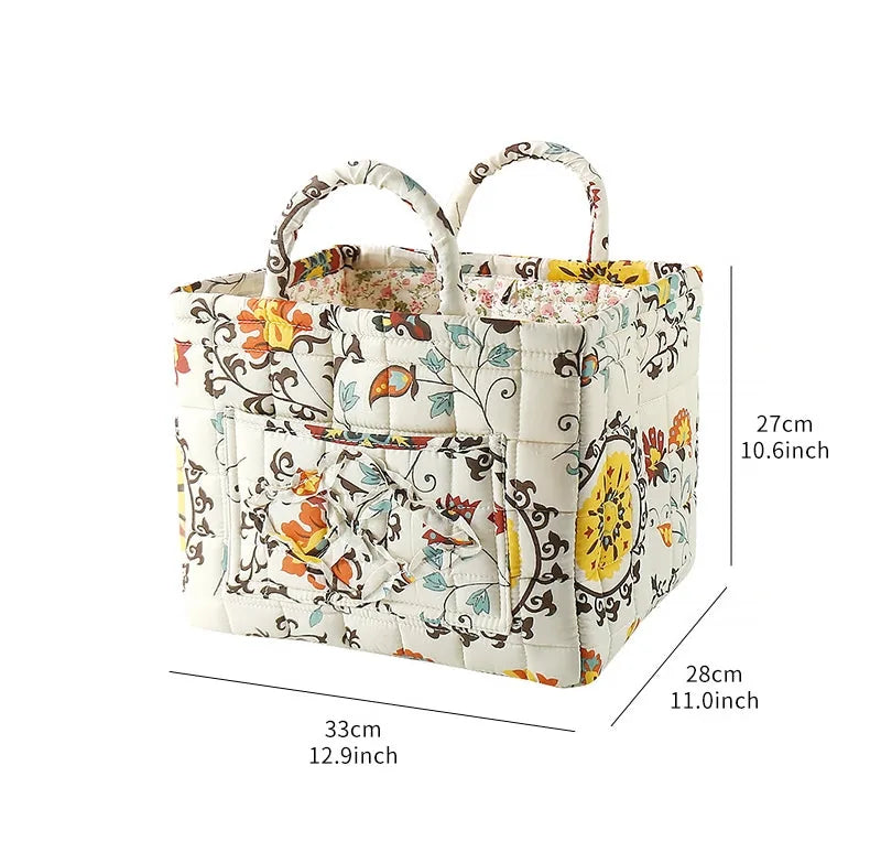 Storage Basket Structured Cotton Floral Print Reinforced Handles