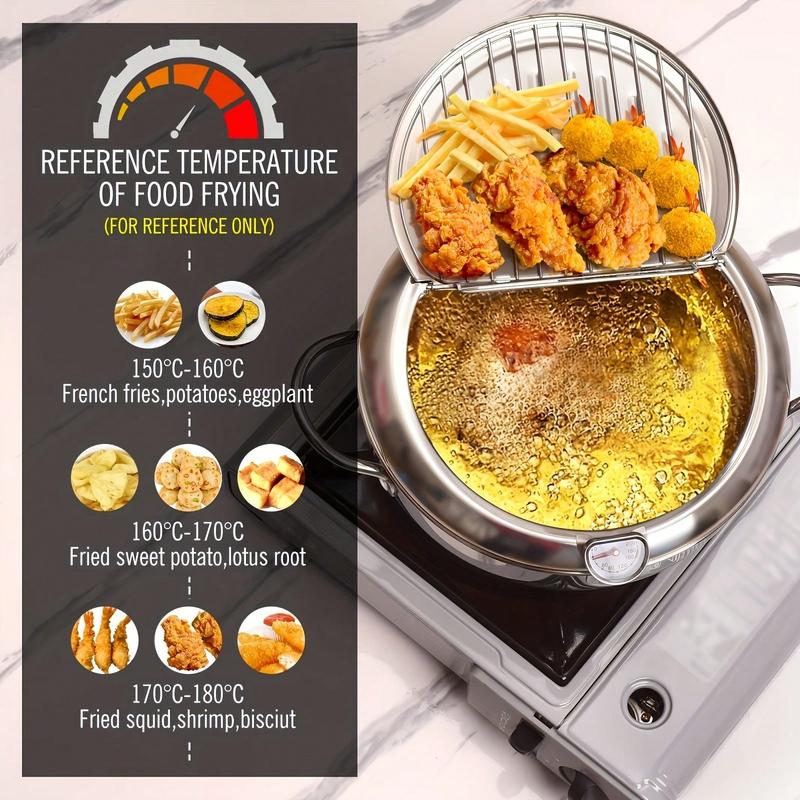 Stovetop Deep Fryer Stainless Steel Built-In Thermometer Fry Basket
