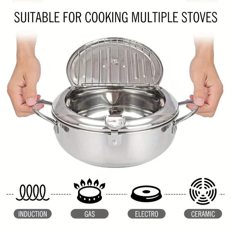Stovetop Deep Fryer Stainless Steel Built-In Thermometer Fry Basket