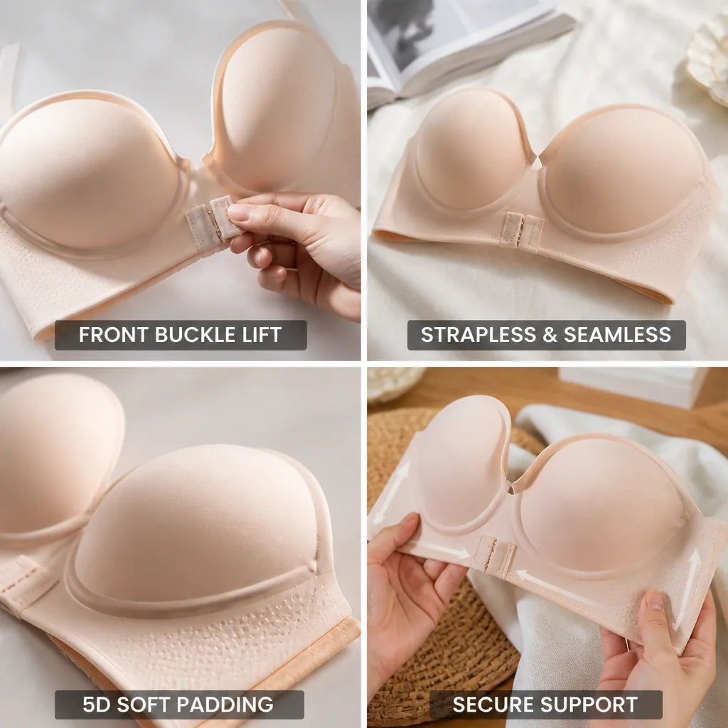 Strapless Push-Up Bra Front Buckle 5D Padded