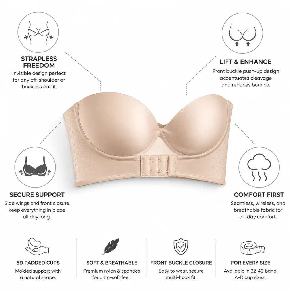 Strapless Push-Up Bra Front Buckle 5D Padded