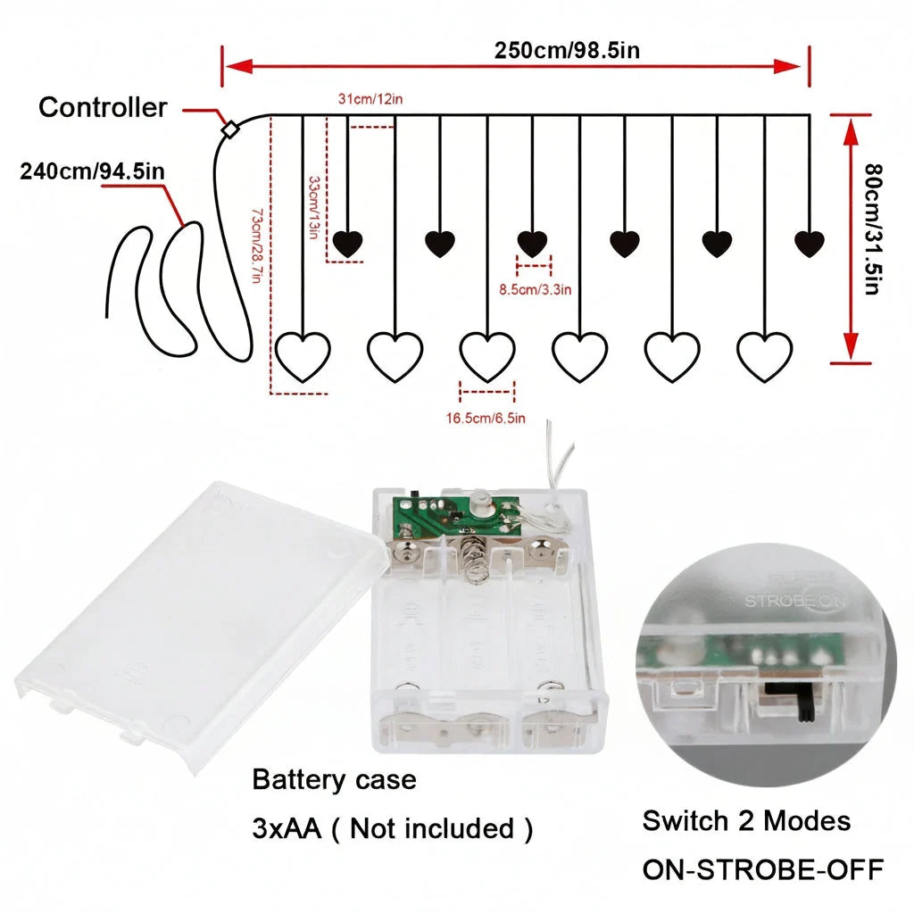 String Lights Heart-Shaped Warm White Battery & USB Powered