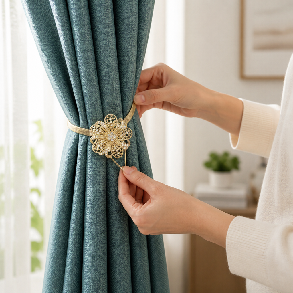Strong Magnetic Floral Rhinestone Curtain Tieback (Flexible Steel Cable)