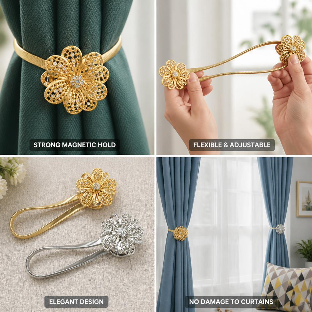Strong Magnetic Floral Rhinestone Curtain Tieback (Flexible Steel Cable)