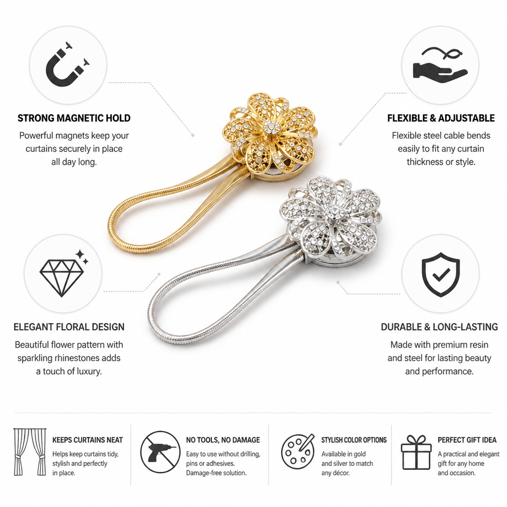 Strong Magnetic Floral Rhinestone Curtain Tieback (Flexible Steel Cable)
