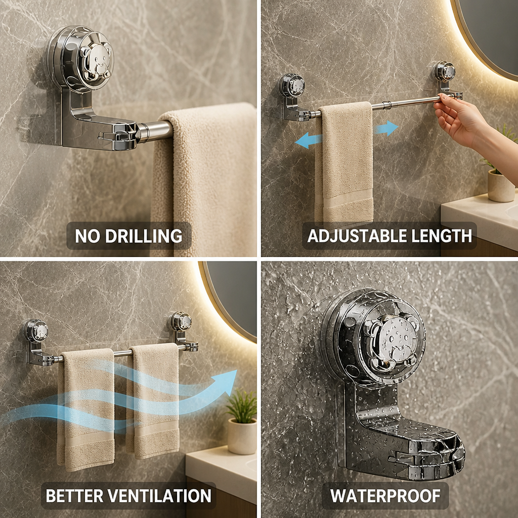 Suction-Cup No-Drill Adjustable Towel Rack