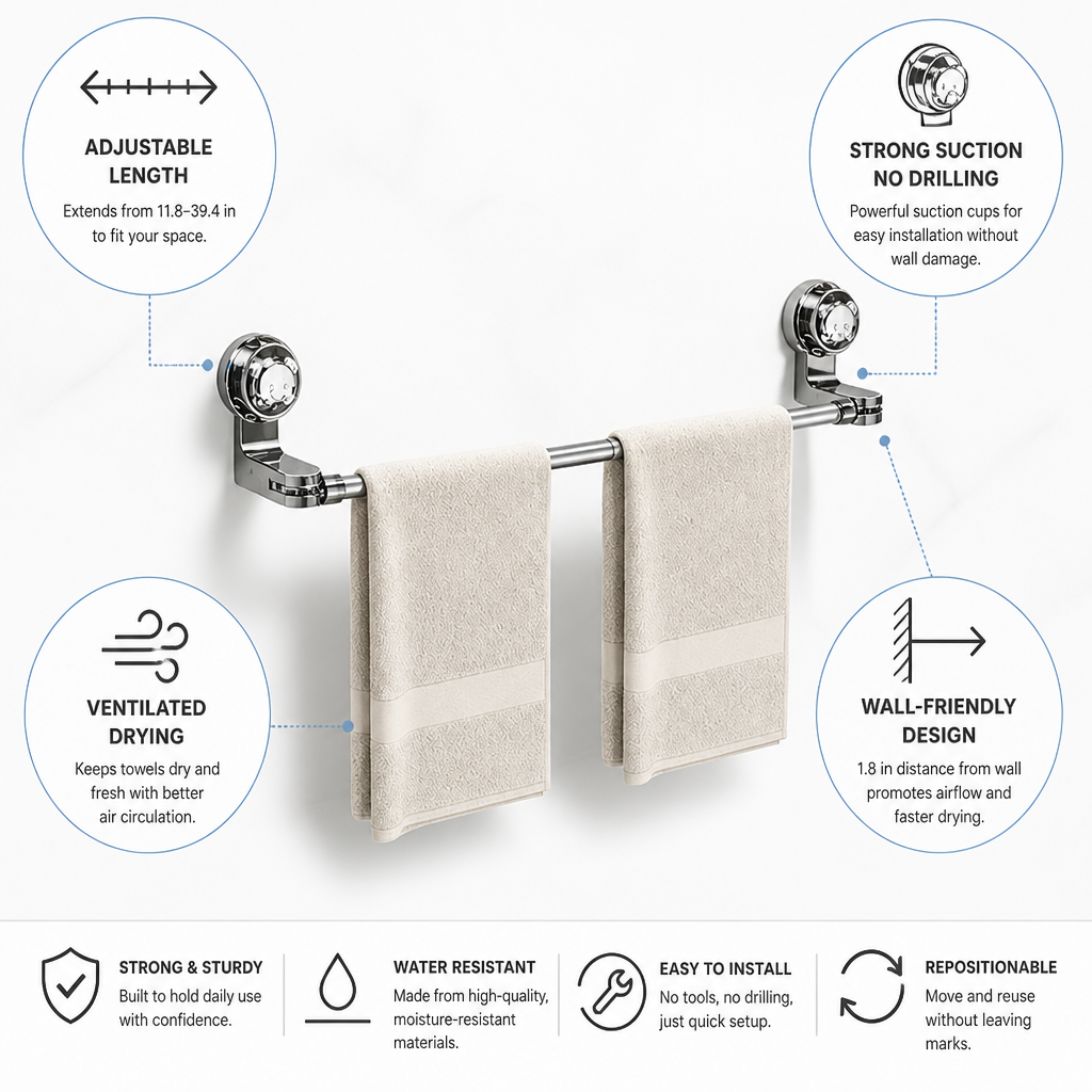 Suction-Cup No-Drill Adjustable Towel Rack