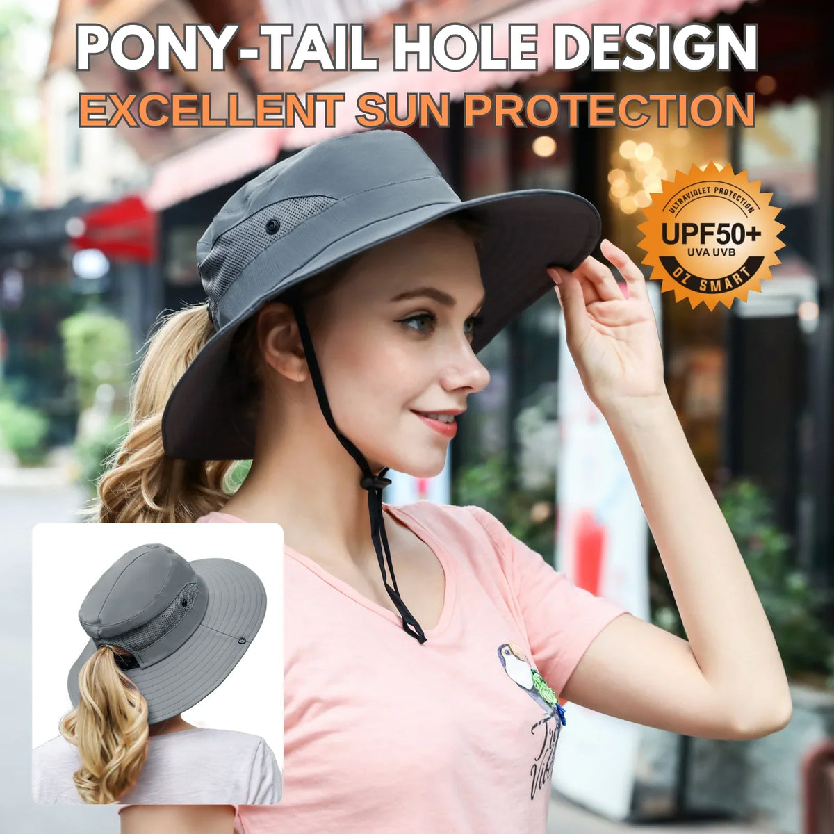 Sun Hat Wide Brim UPF 50 Ponytail Opening