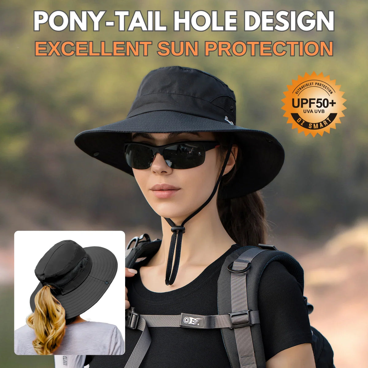 Sun Hat Wide Brim UPF 50 Ponytail Opening