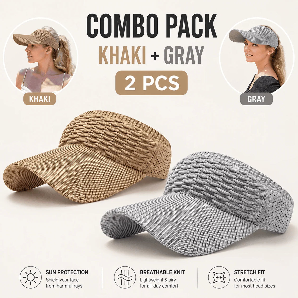 Sun Visor UPF 50+ Wide Brim Open-Top Knit Design