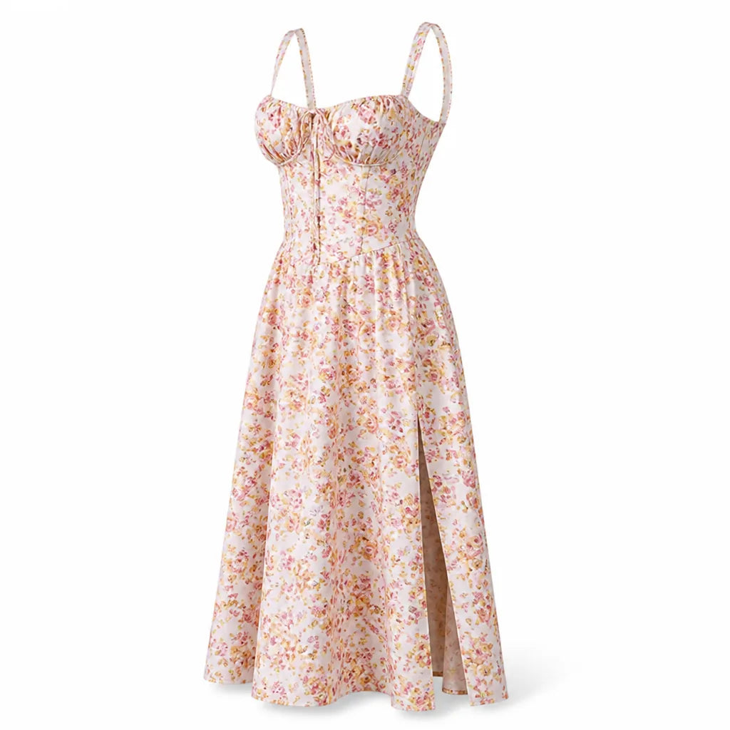 Sundress Floral Bustier Lace-Up Back Side Slit