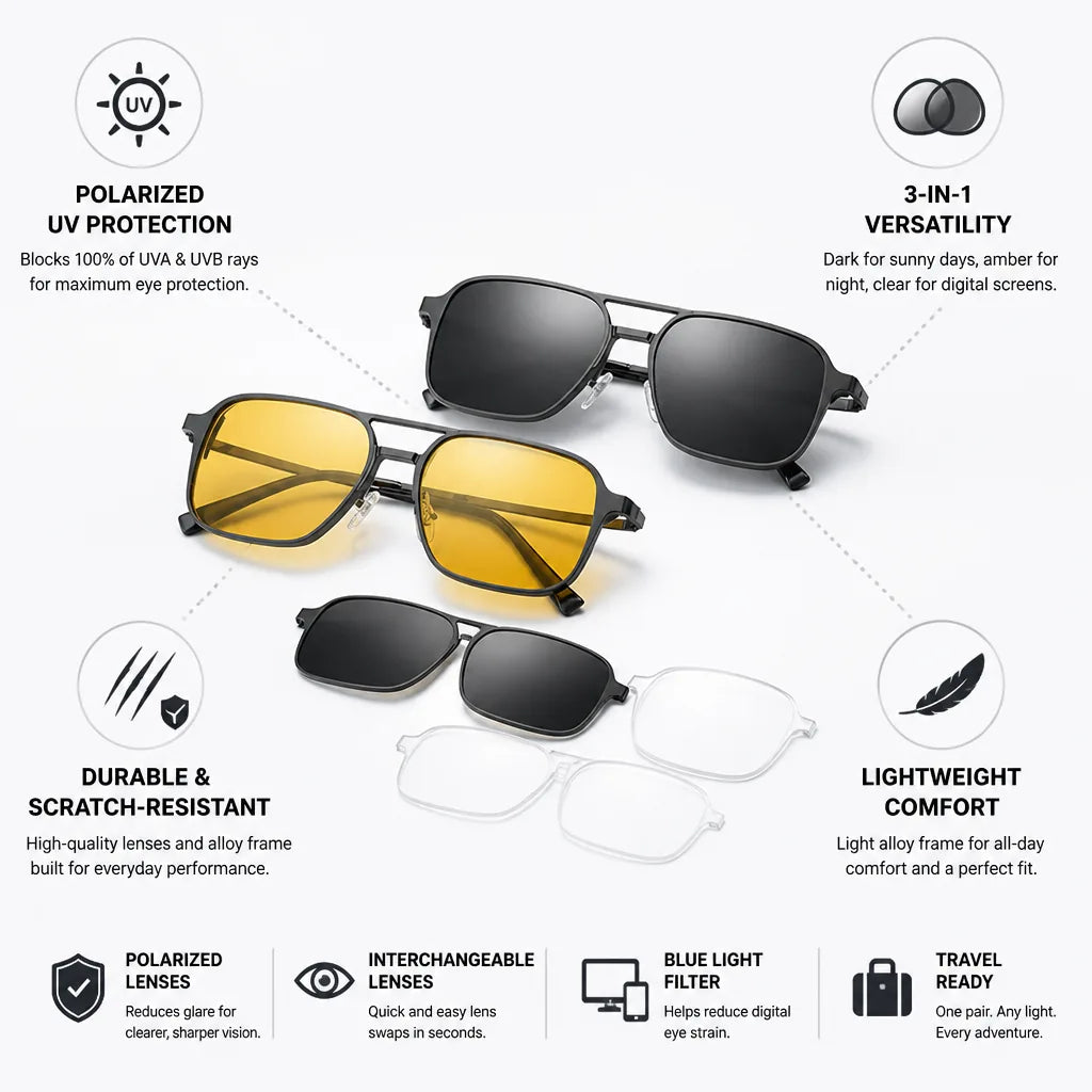 Sunglasses 3-in-1 Interchangeable Polarized Lenses Blue Light Filter