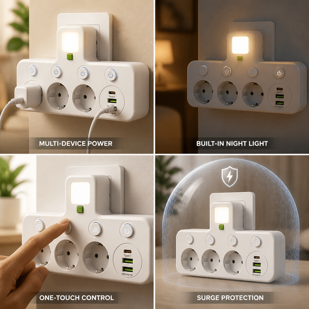Surge-Protected USB-A & USB-C Power Strip (Night Light)