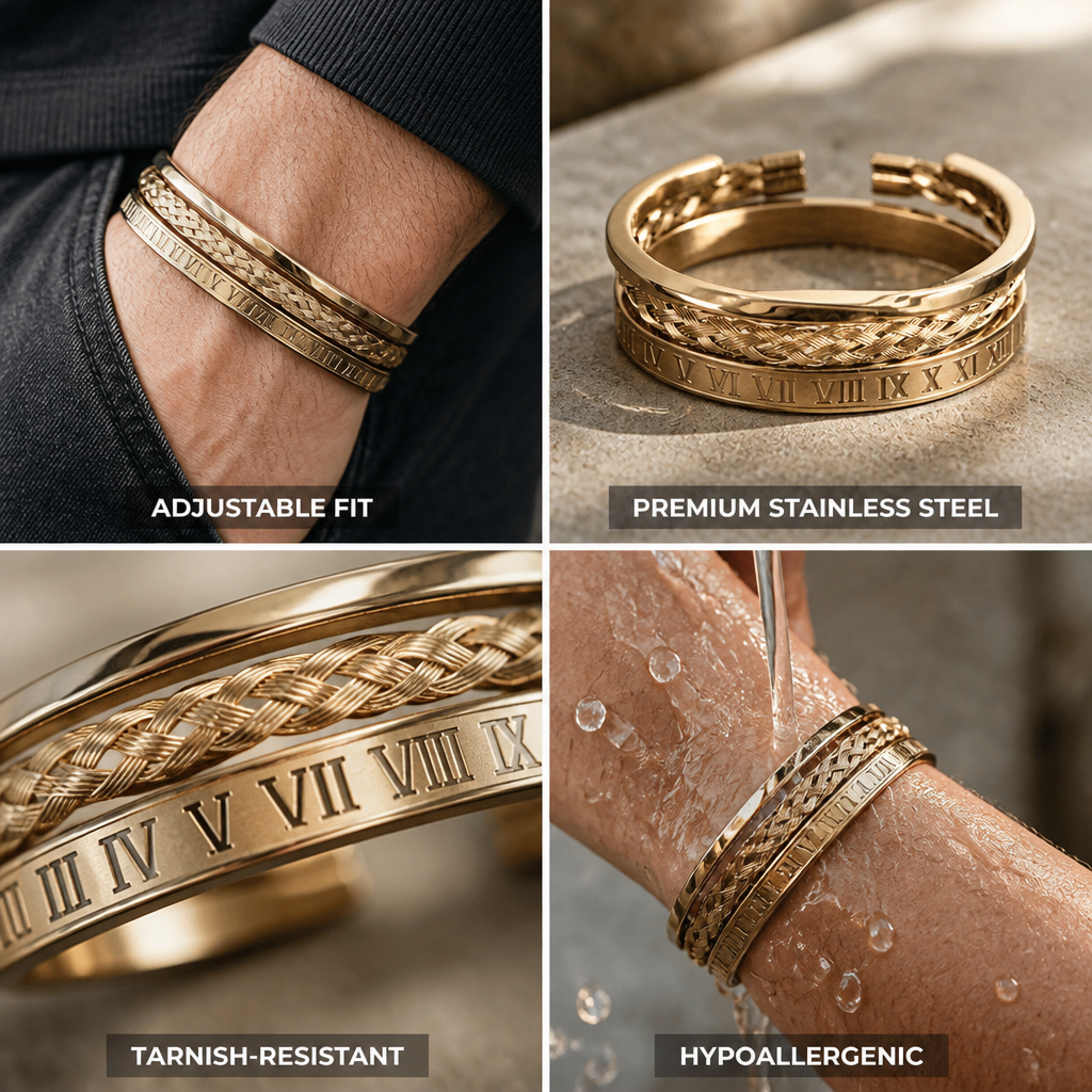 Surgical Stainless Steel Roman Numeral Bracelet Set (Adjustable)