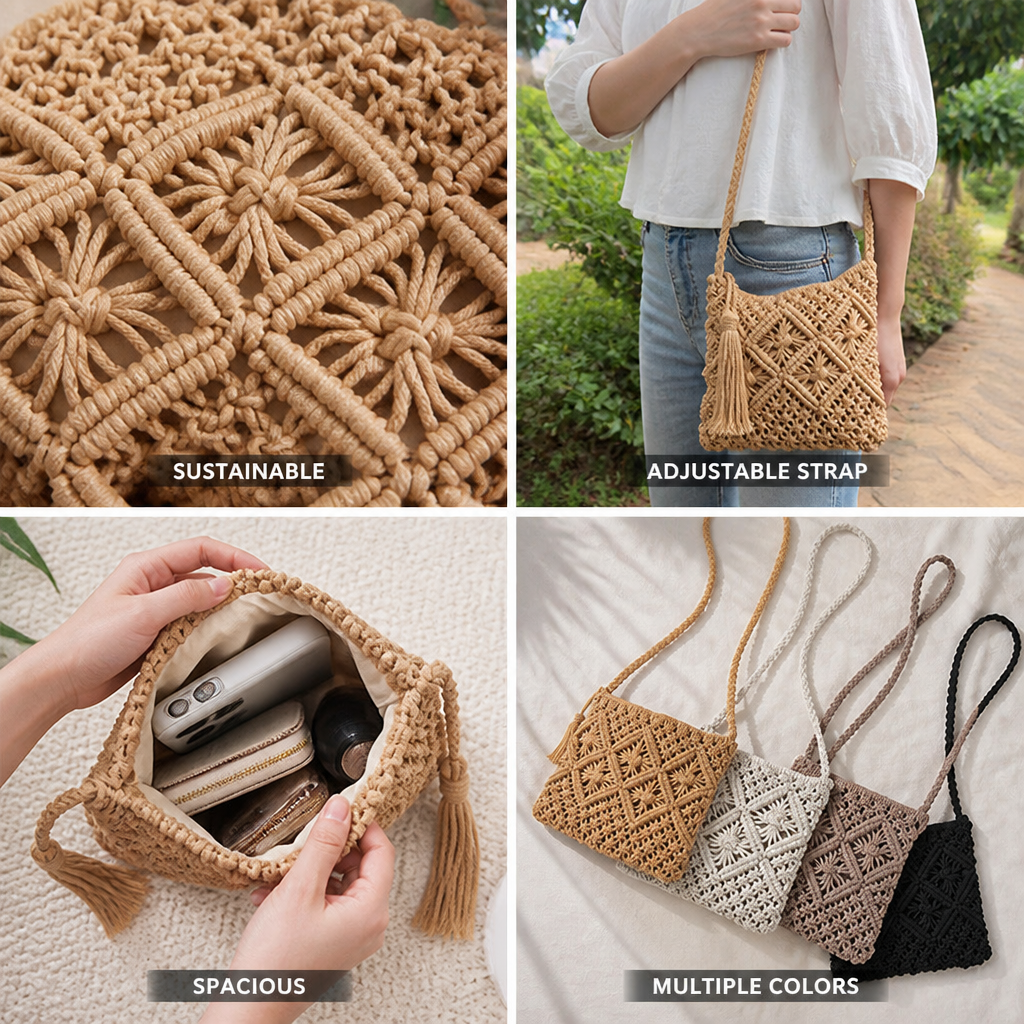 Sustainable Handmade Macrame Shoulder Bag (Adjustable Braided Strap)