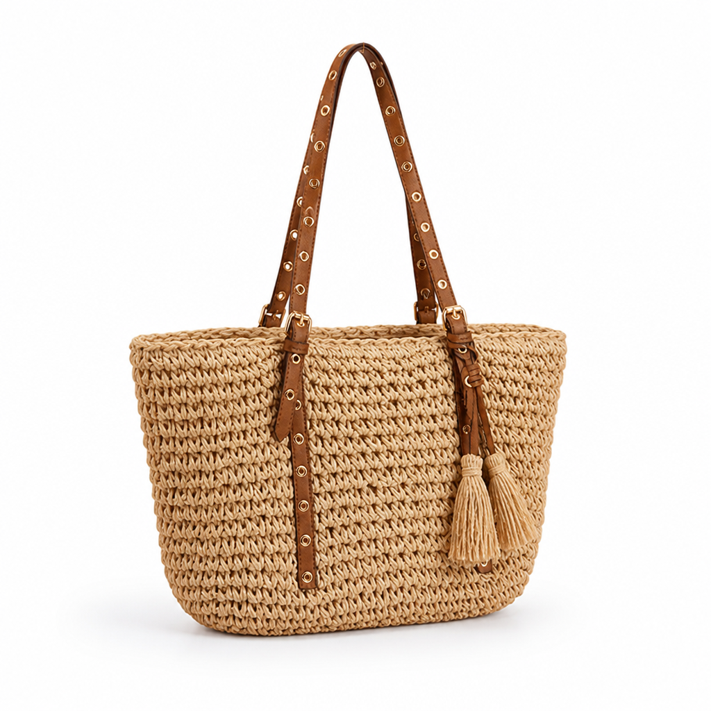 Sustainable Knitted Tassel & Leather-Accent Handbag