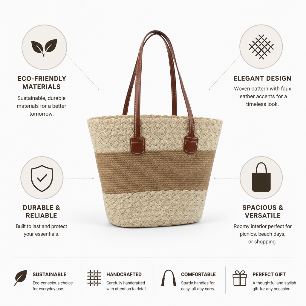 Sustainable Woven Picnic Bag (Faux Leather Trim)