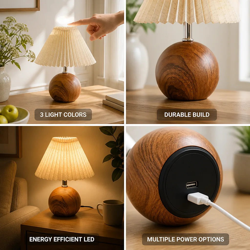 Table Lamp 3-Color Adjustable LED Pleated Shade & Metal Base