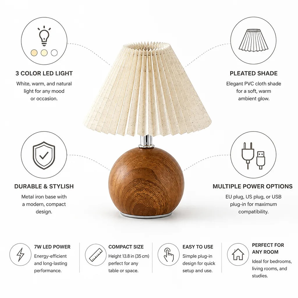 Table Lamp 3-Color Adjustable LED Pleated Shade & Metal Base