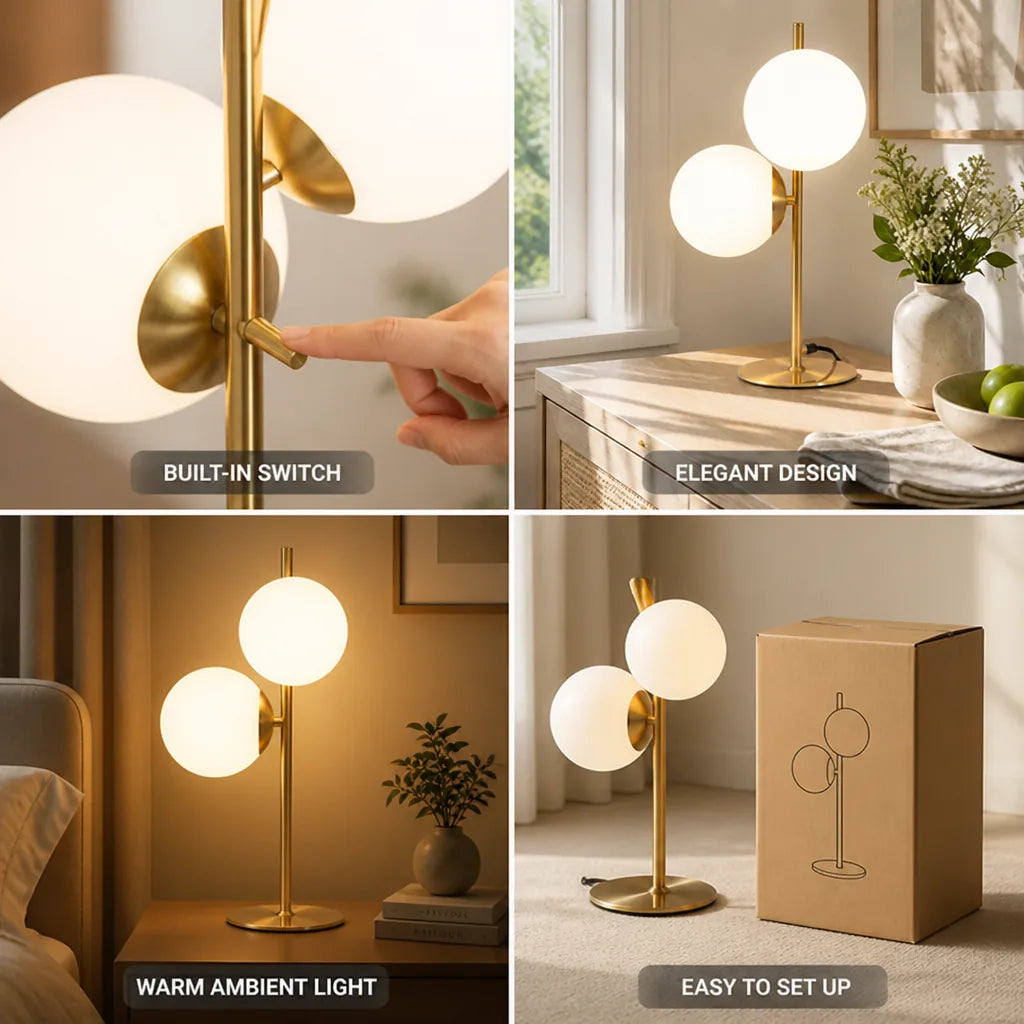 Table Lamp Brass Finish & White Glass Shade Built-In Switch