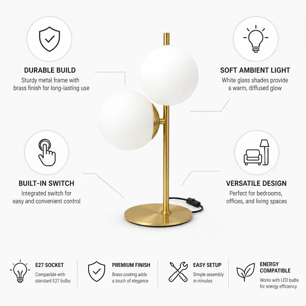 Table Lamp Brass Finish & White Glass Shade Built-In Switch