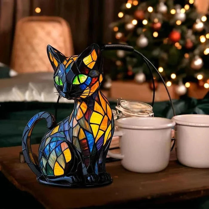 Table Lamp Cat-Shaped Stained Glass Warm LED Lighting