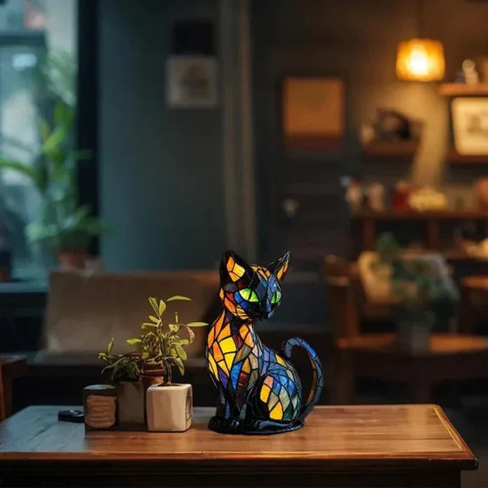 Table Lamp Cat-Shaped Stained Glass Warm LED Lighting