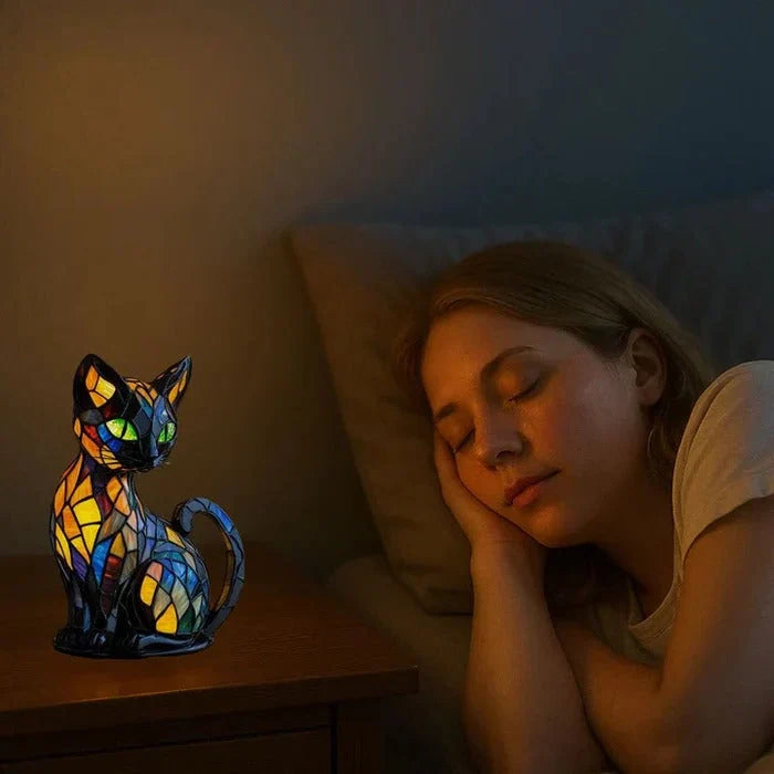 Table Lamp Cat-Shaped Stained Glass Warm LED Lighting