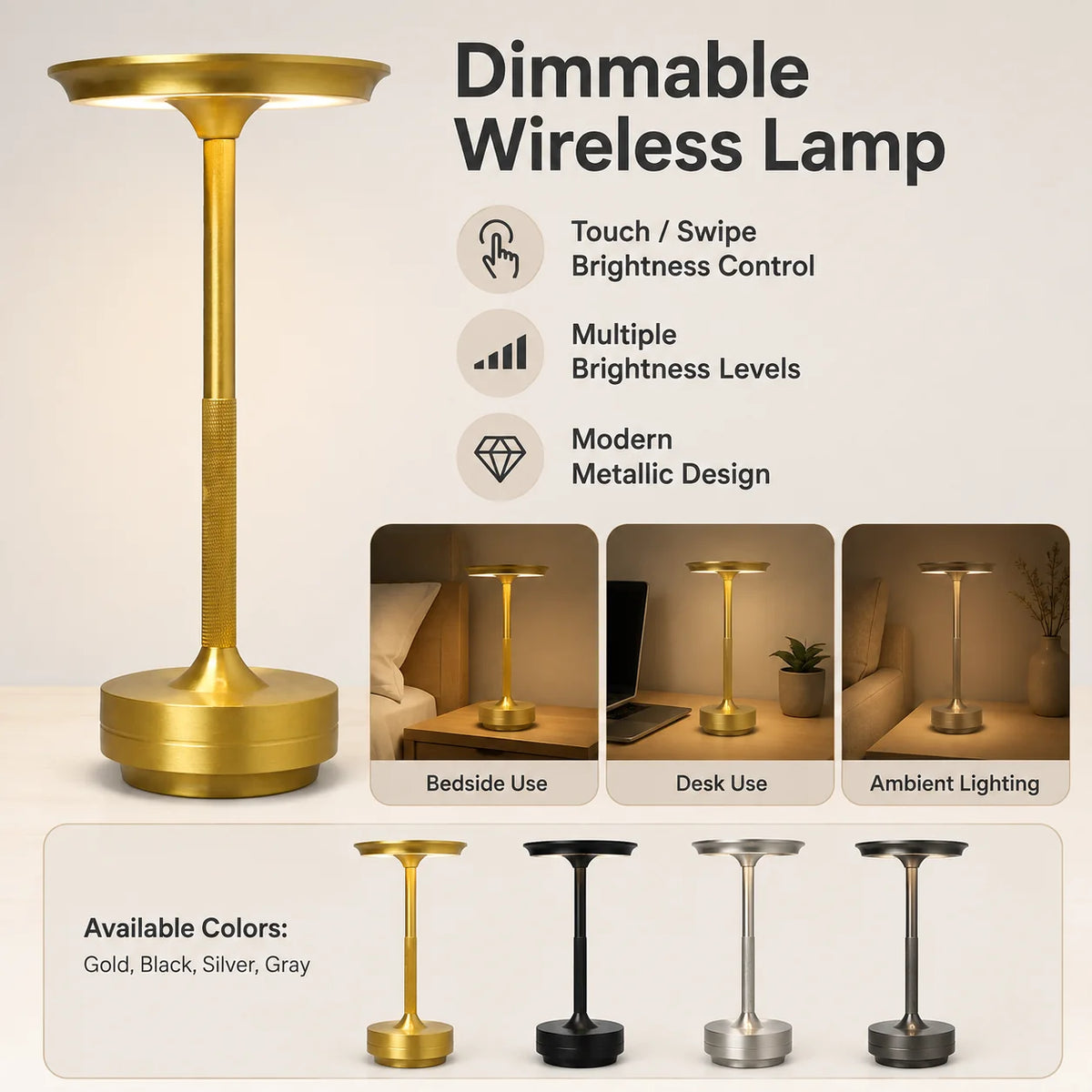 Table Lamp Cordless Touch Dimming USB-C Rechargeable