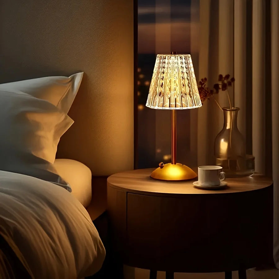 Table Lamp Crystal-Effect Shade Touch Dimming & USB Rechargeable