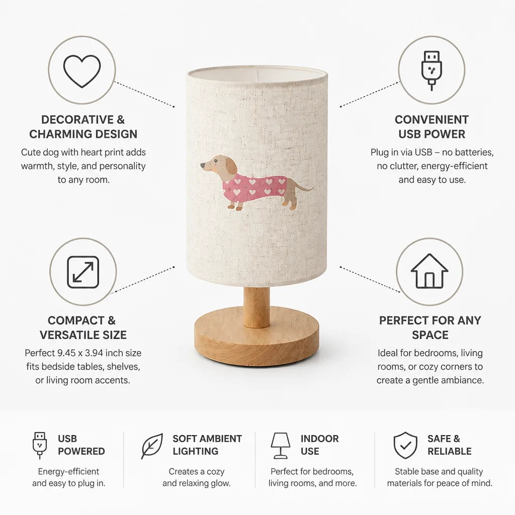 Table Lamp Dog With Heart Print USB Powered Compact