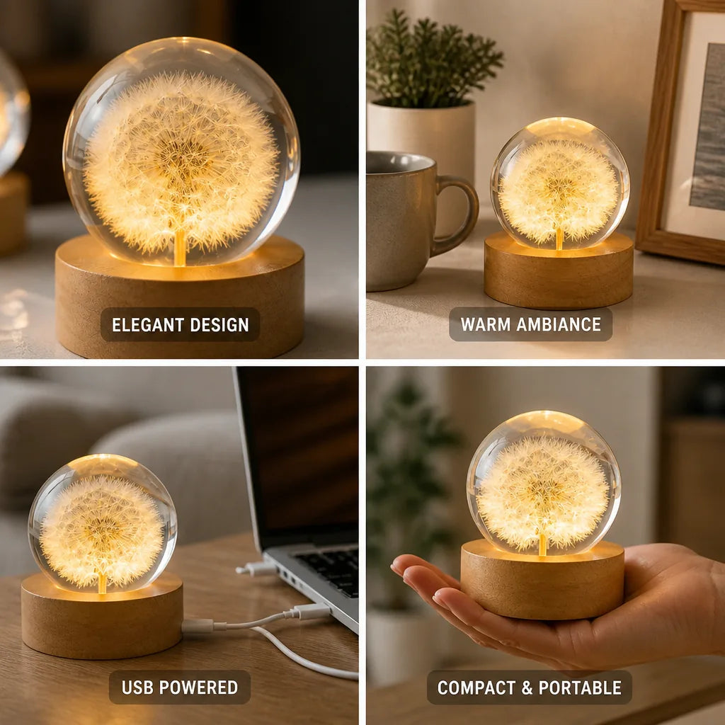 Table Lamp Floral Crystal Globe USB-Powered Warm LED