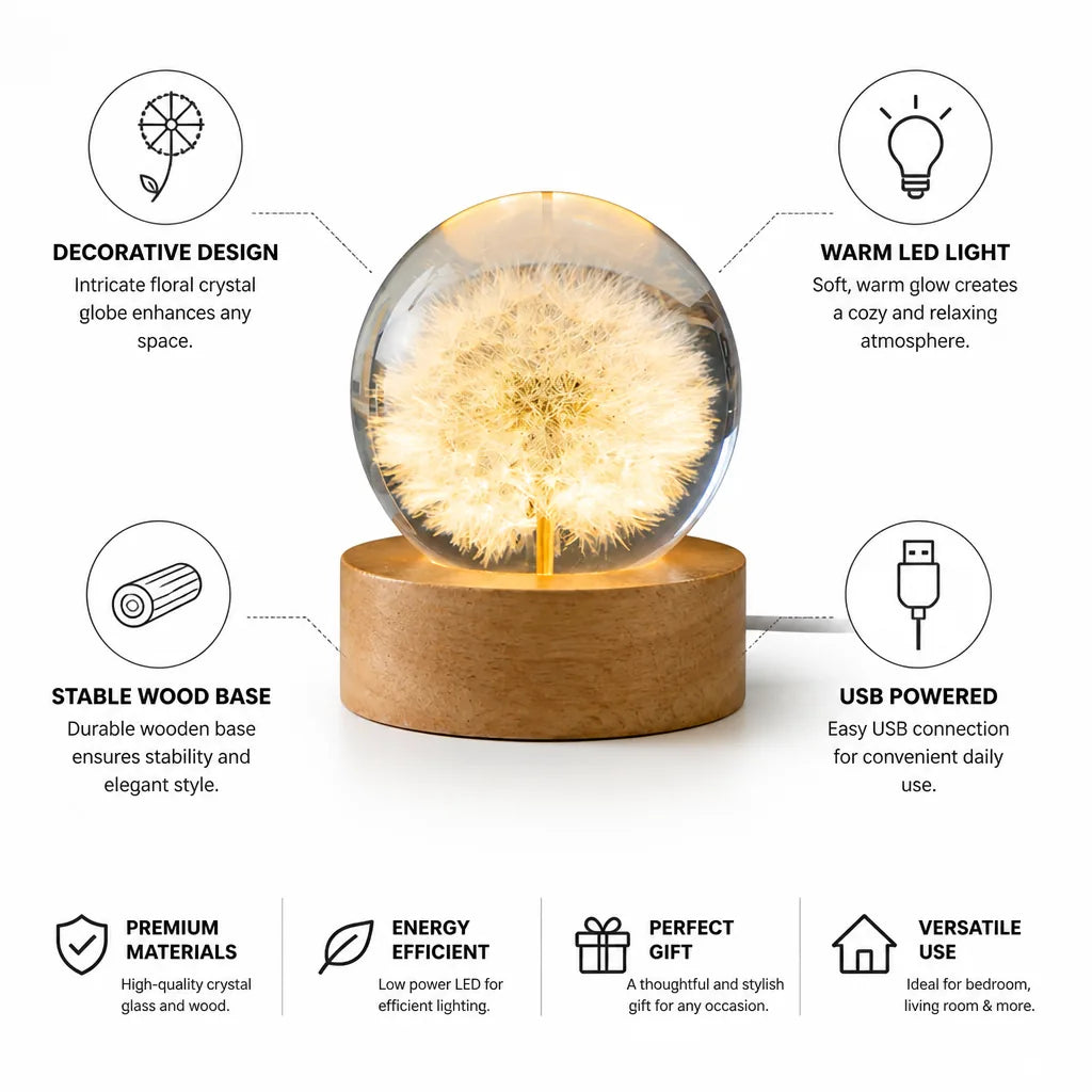 Table Lamp Floral Crystal Globe USB-Powered Warm LED